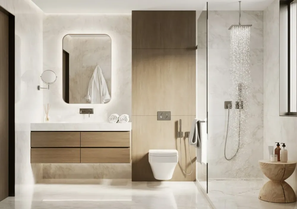 Salle de bain moderne marbre blanc et bois